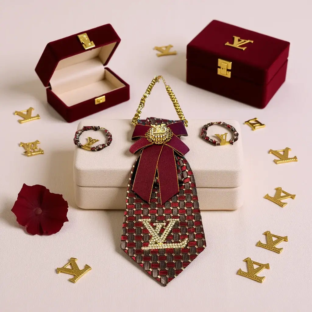 Bordeaux Regal Luxe Tie & Earring Set displayed with luxury packaging and elegant accessories.