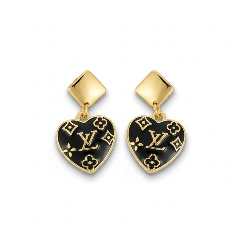 Noir Monogram Heart Drop Earrings (Upcycled • One of One) in black enamel with gold-tone details.