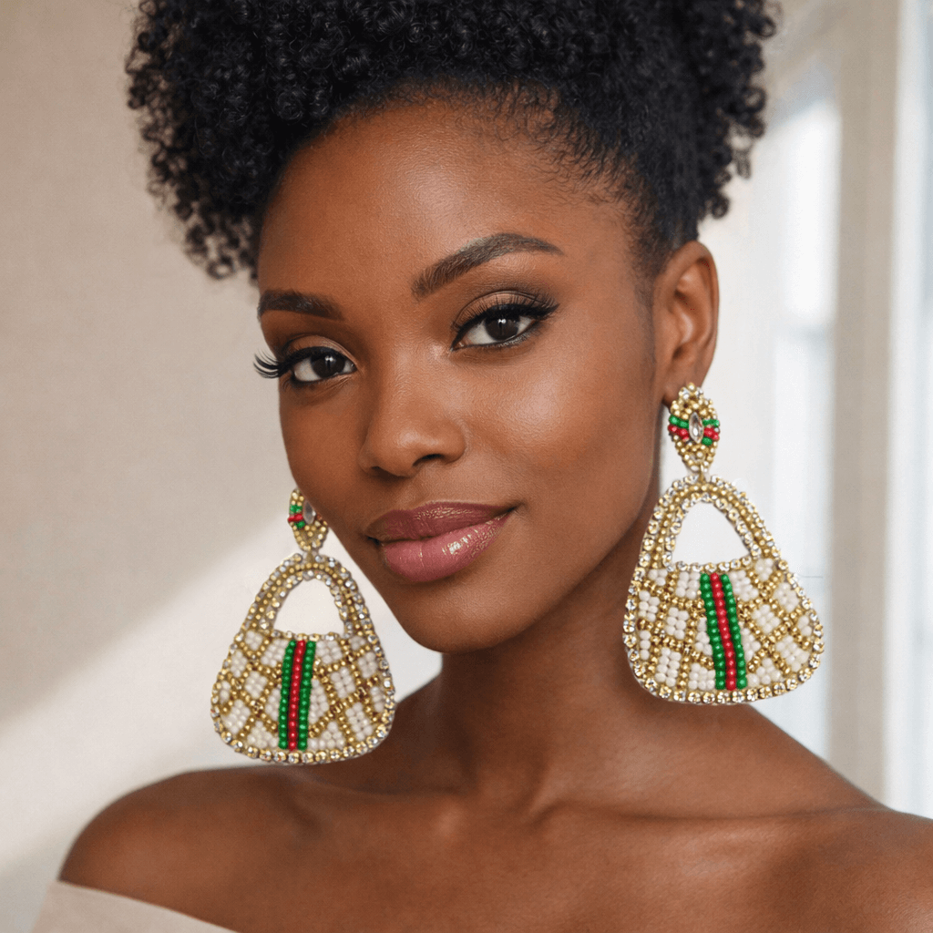 Mini Luxe Handbag Statement Earrings | Beaded Designer Style worn by a model showcasing custom-designed luxe detailing.