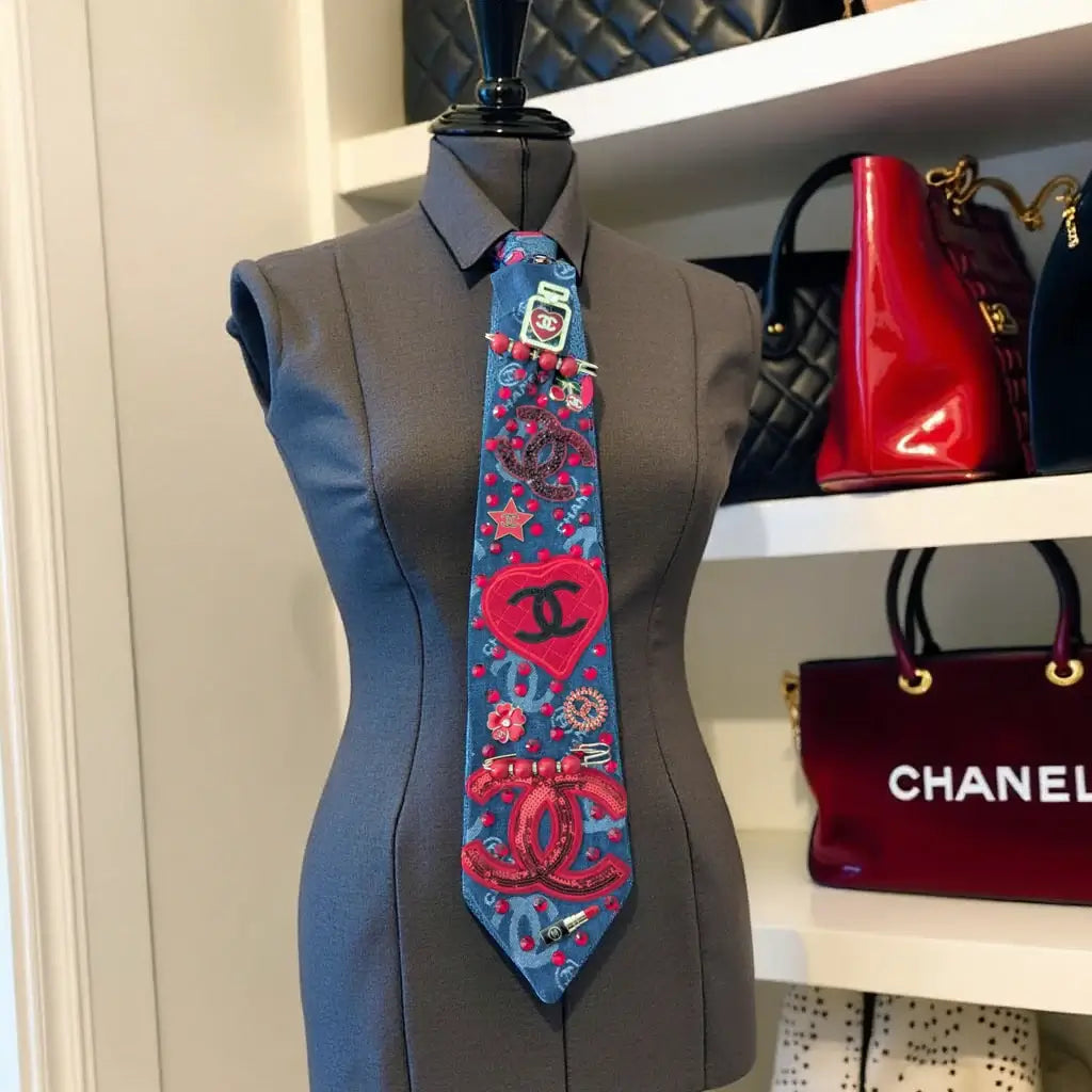 Legacy Amor Luxe Tie – Crimson Couture Heart Design displayed on a mannequin against luxury handbags.