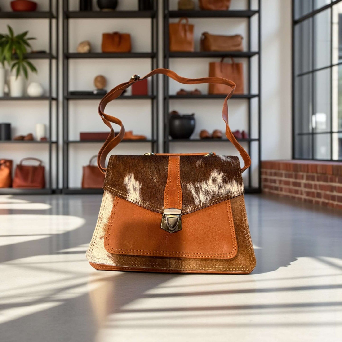 Sienna Ridge Cowhide Satchel – Handcrafted Western Luxe Bag on display with unique cowhide pattern and leather accents.