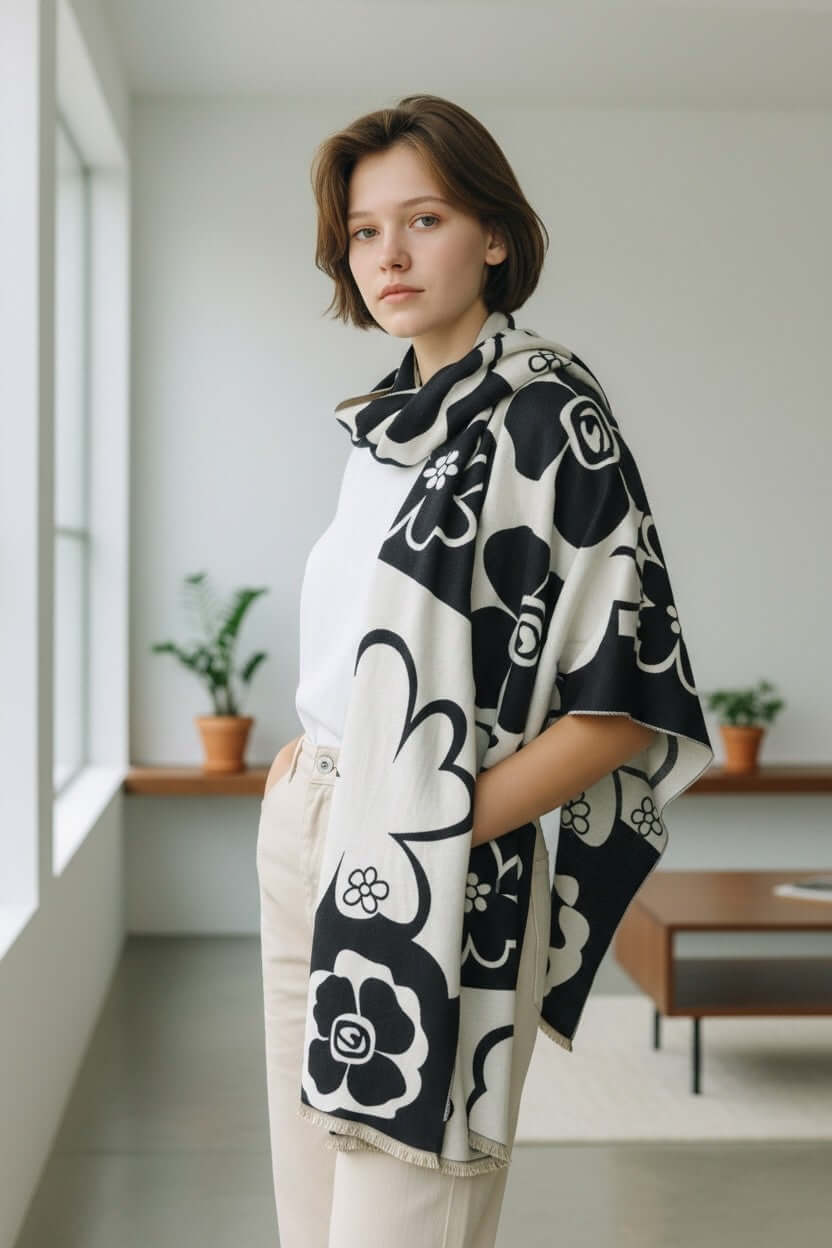 Woman wearing the Legacy Luxe Monochrome Bloom Artistry Wrap featuring bold black-and-ivory floral illustrations.