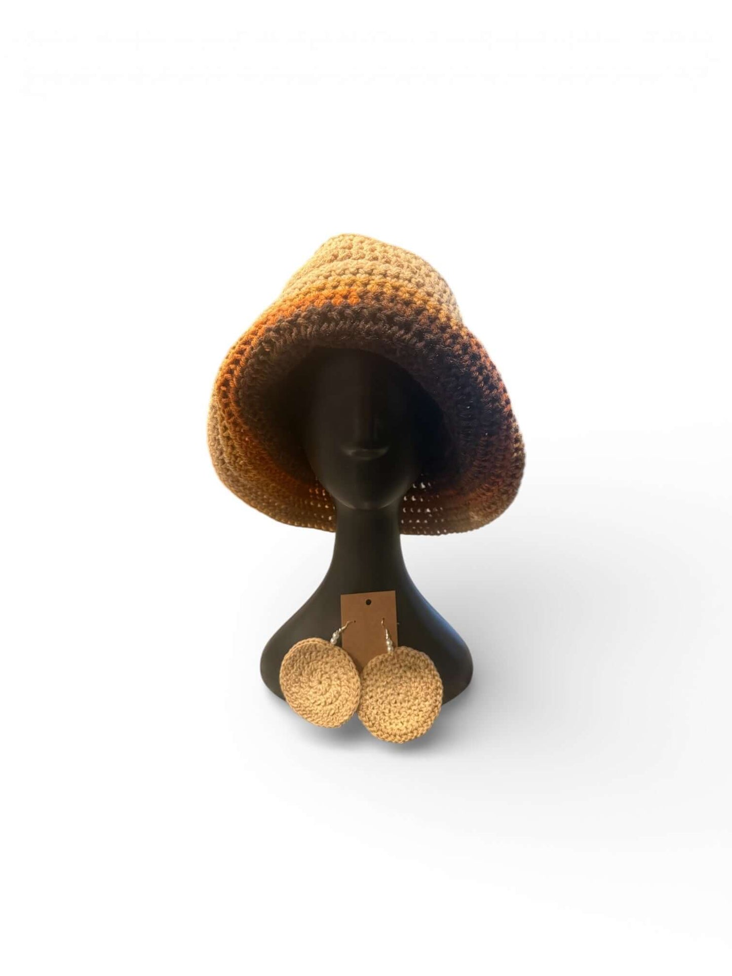Signature Texture Crown Set- Earthtone Harmony – Handmade featuring a crochet bucket hat and coordinating earrings.