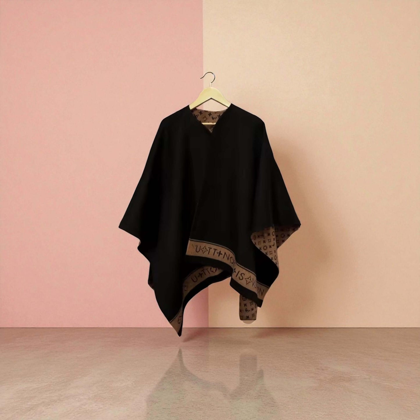 Cashmere Luxe Reversible Poncho – Noir Edition | 100% Cashmere Wrap | One-of-One Boutique Luxury on display.