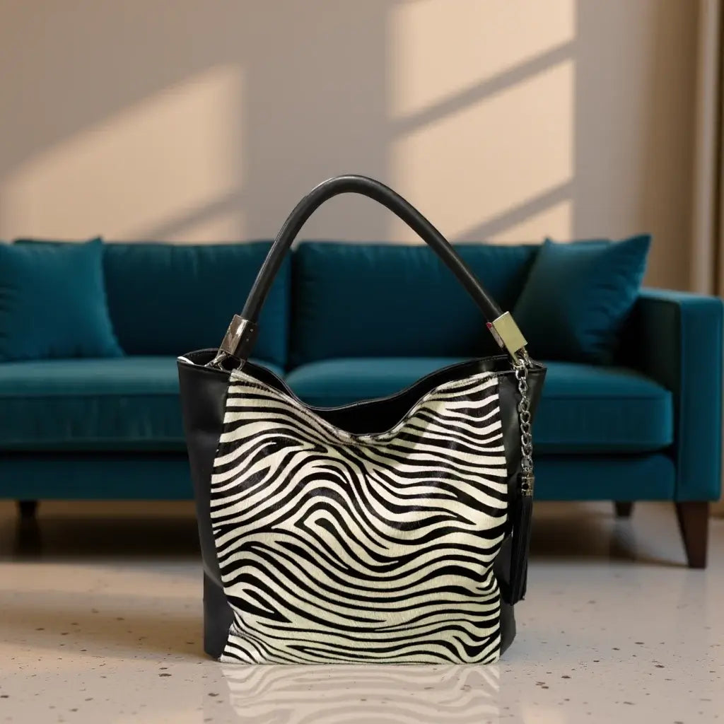Italian Leather Savanna Striped Tote – Black & White Cowhair Handbag displayed in an elegant setting.