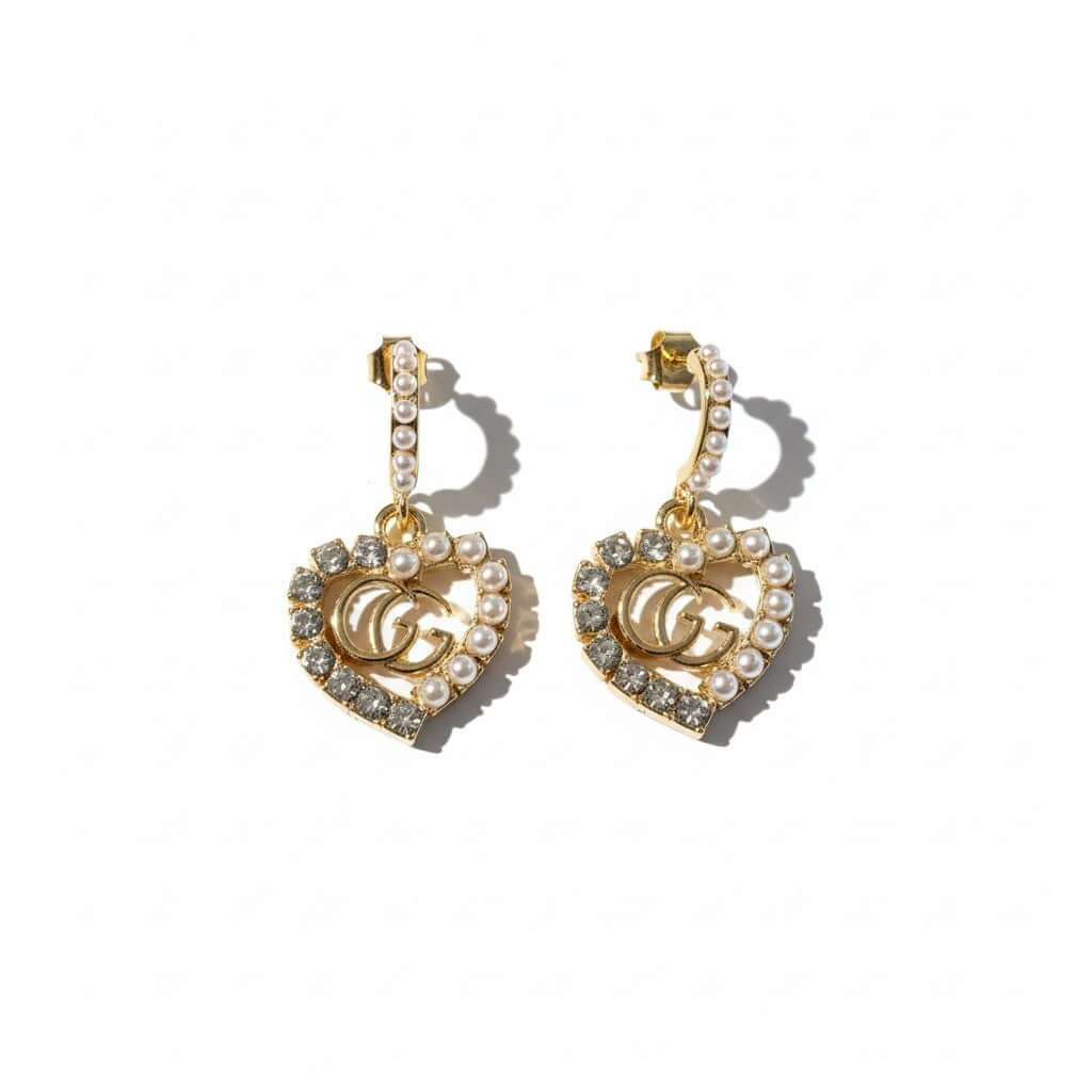 Golden Legacy Pearl Crest Earrings (Upcycled | One-of-One Statement Pair) featuring heart silhouette, pearls, and crystals.