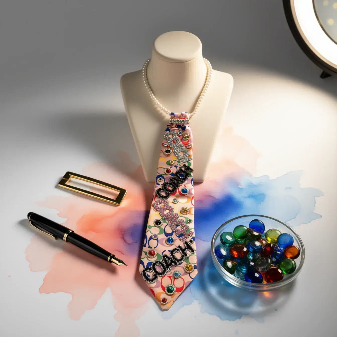 Gem Royale Pink Couture Tie – Legacy Luxe Custom Handcrafted Tie displayed on a mannequin with colorful gems and accessories.
