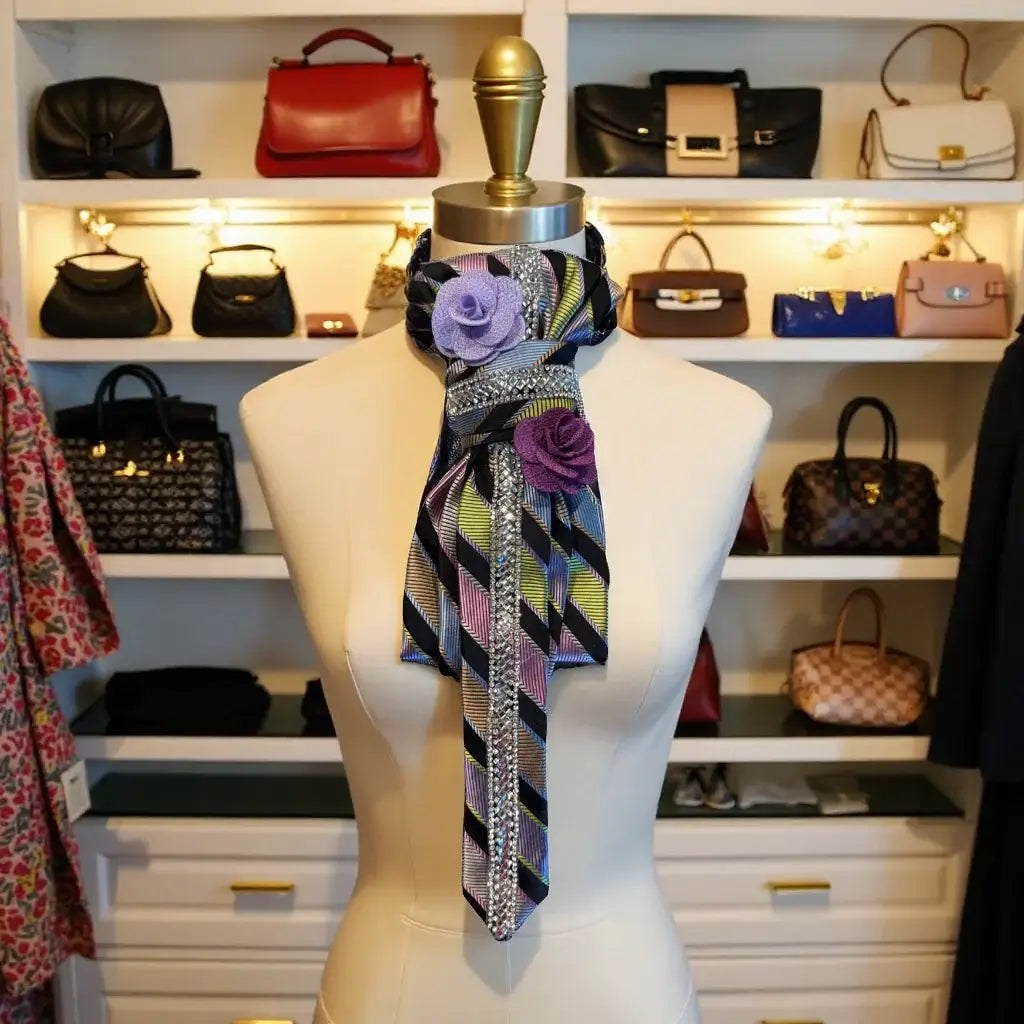 Violette Enchanté Couture Tie – Handcrafted Luxury Accessory | Legacy Dealz displayed on a mannequin with floral accents.