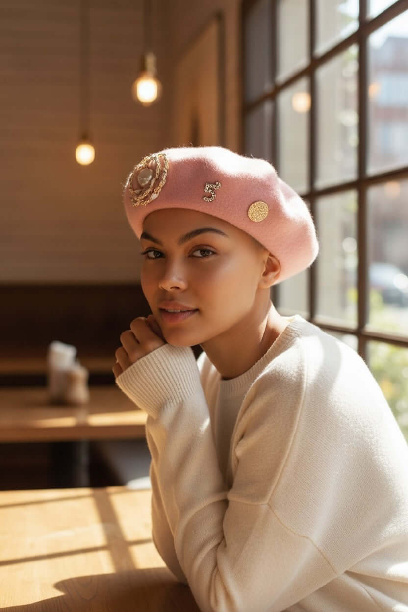 Legacy Luxe Paris Pearl Elegance Beret worn by a model indoors, showcasing its oversized pearl rosette brooch and stylish appeal.
