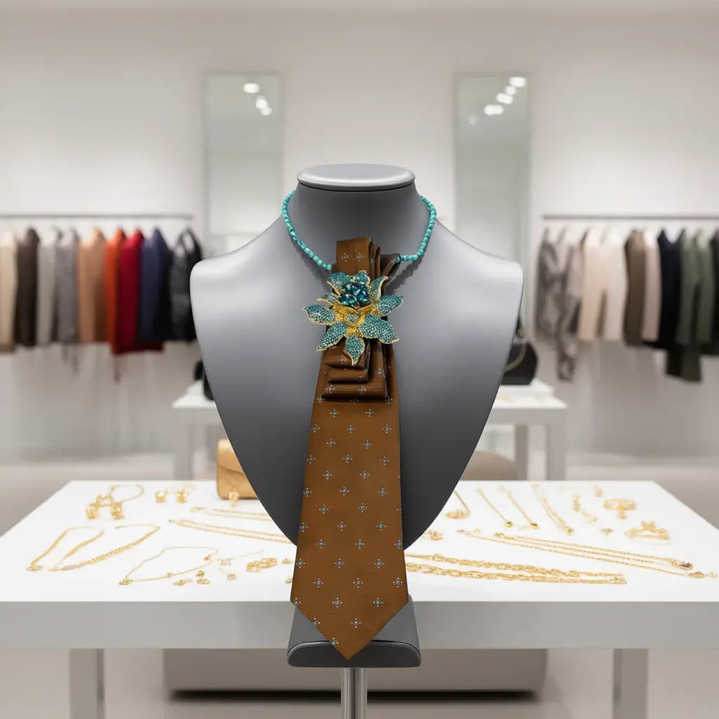 Legacy Luxe Cameo Bloom Turquoise Statement Tie (Handcrafted | One of One) displayed on a mannequin in a stylish boutique.