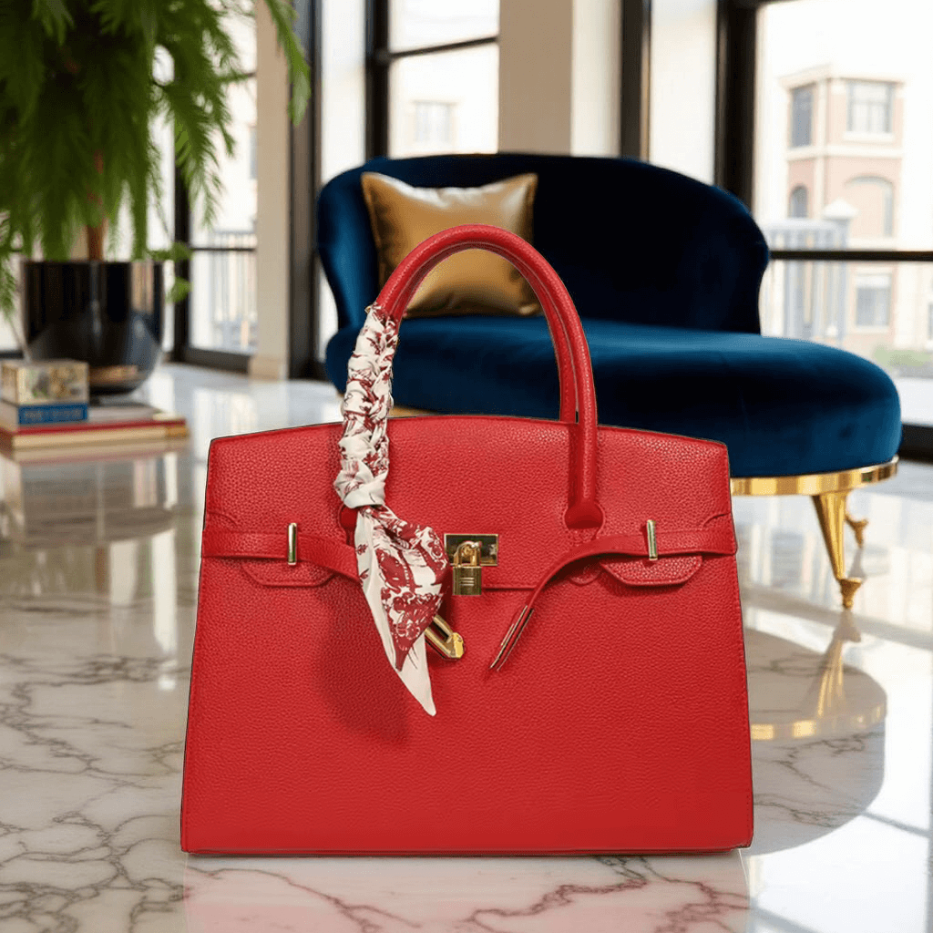 Red Luxe Look handbag with textured leather and silk scarf in elegant setting.
