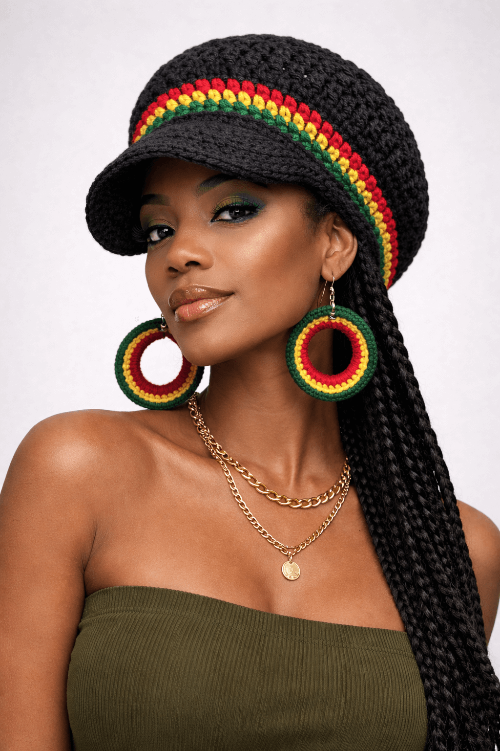 Handmade Red Gold & Green One of One- Heritage Stripe style hat and earrings in vibrant colors.