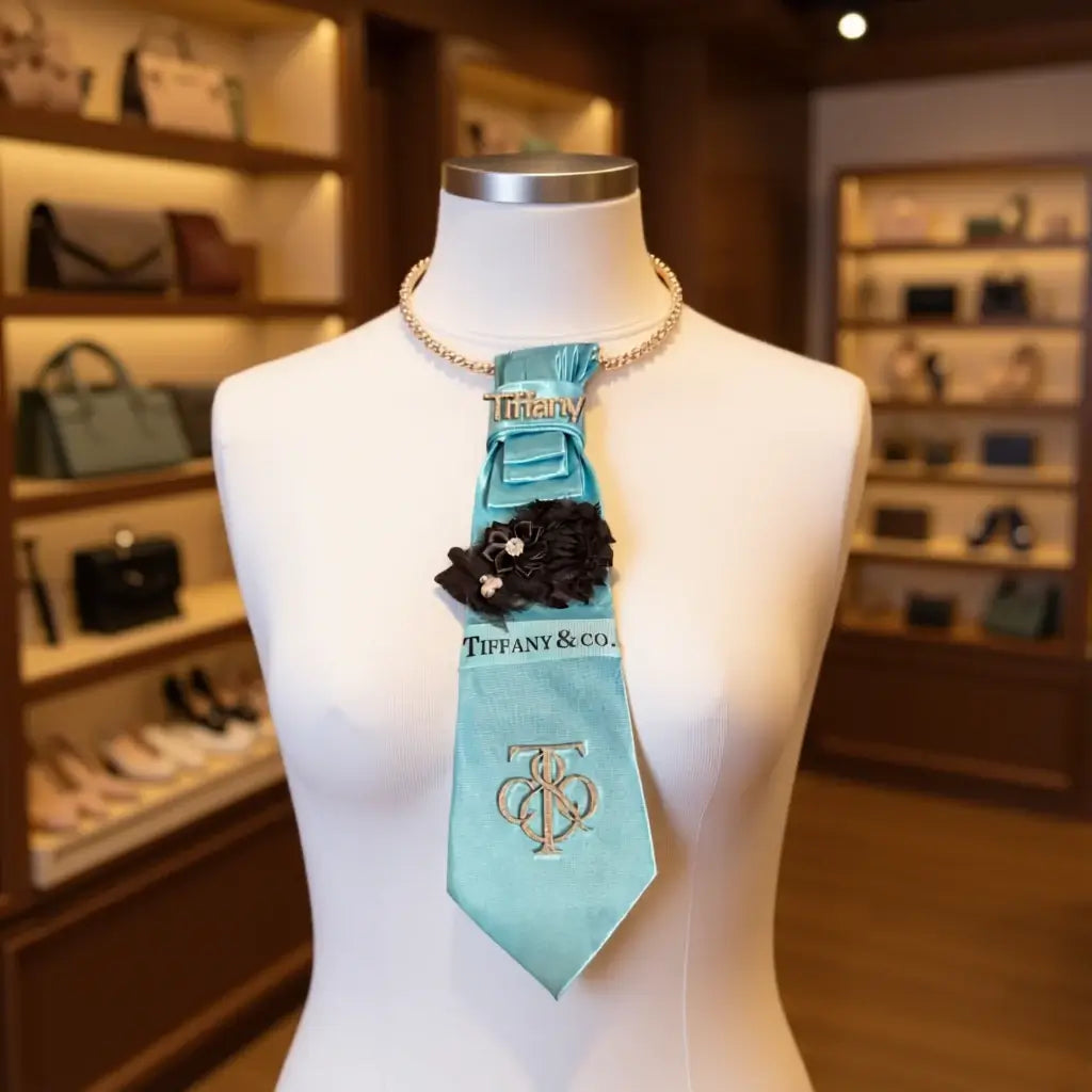 Blue Luxe Signature Tie – Handcrafted Satin Couture Accessory | Legacy Dealz displayed on a mannequin with floral detailing.