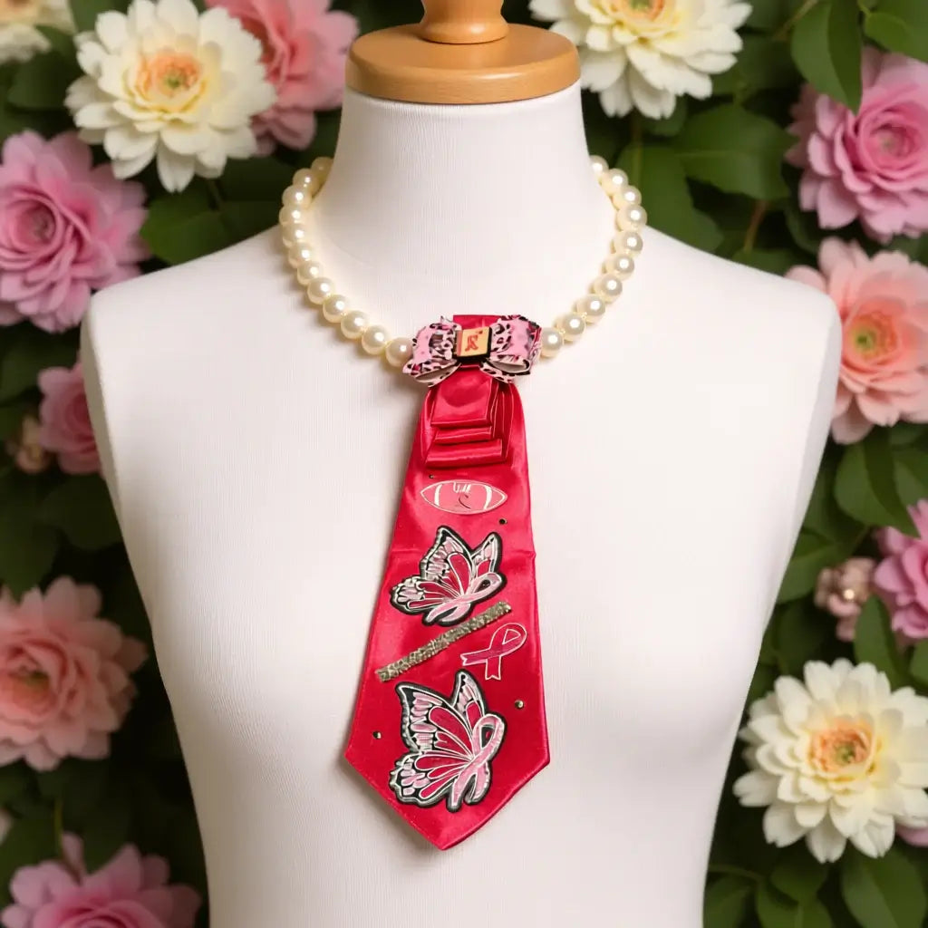 The Pink Promise Tie – Hope Edition | Legacy Dealz Handcrafted 🎀 showcased with pearl necklace and floral backdrop.