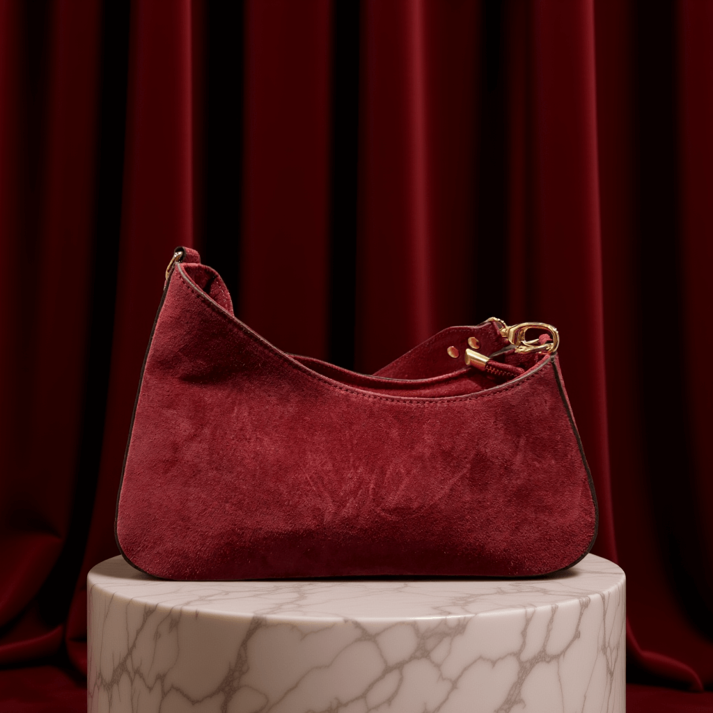The Milano Suede Luxe – a luxurious red Italian suede handbag displayed on a marble pedestal.