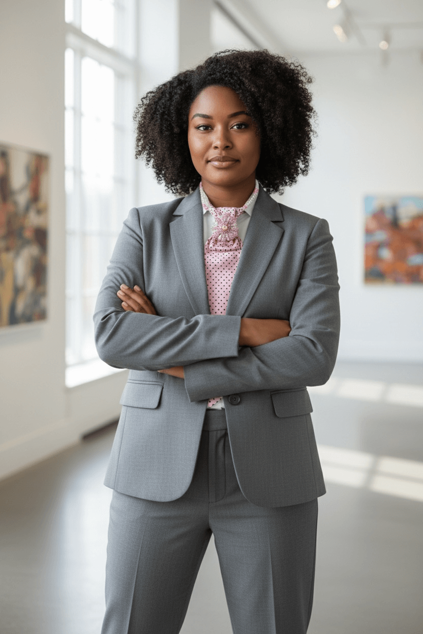 Confident woman in grey suit with blush ascot, showcasing chic style in a gallery, embodying elegance and professionalism.