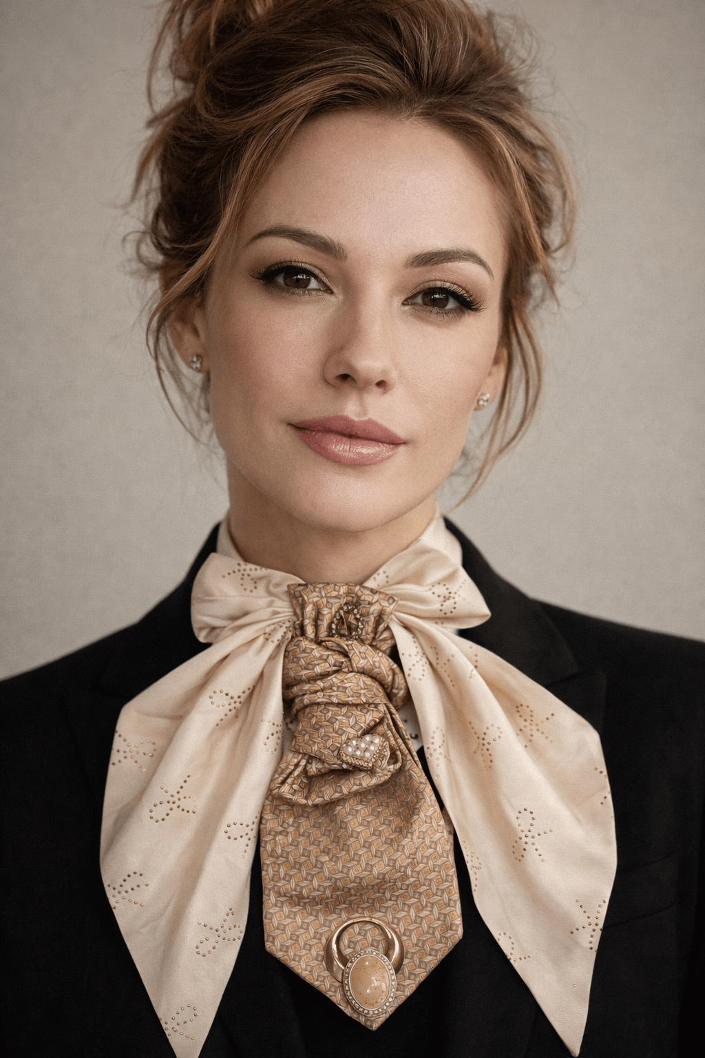 Cameo Couture Tie | Elegant Women’s Statement Accessory worn by a model with soft champagne tones and delicate detailing.
