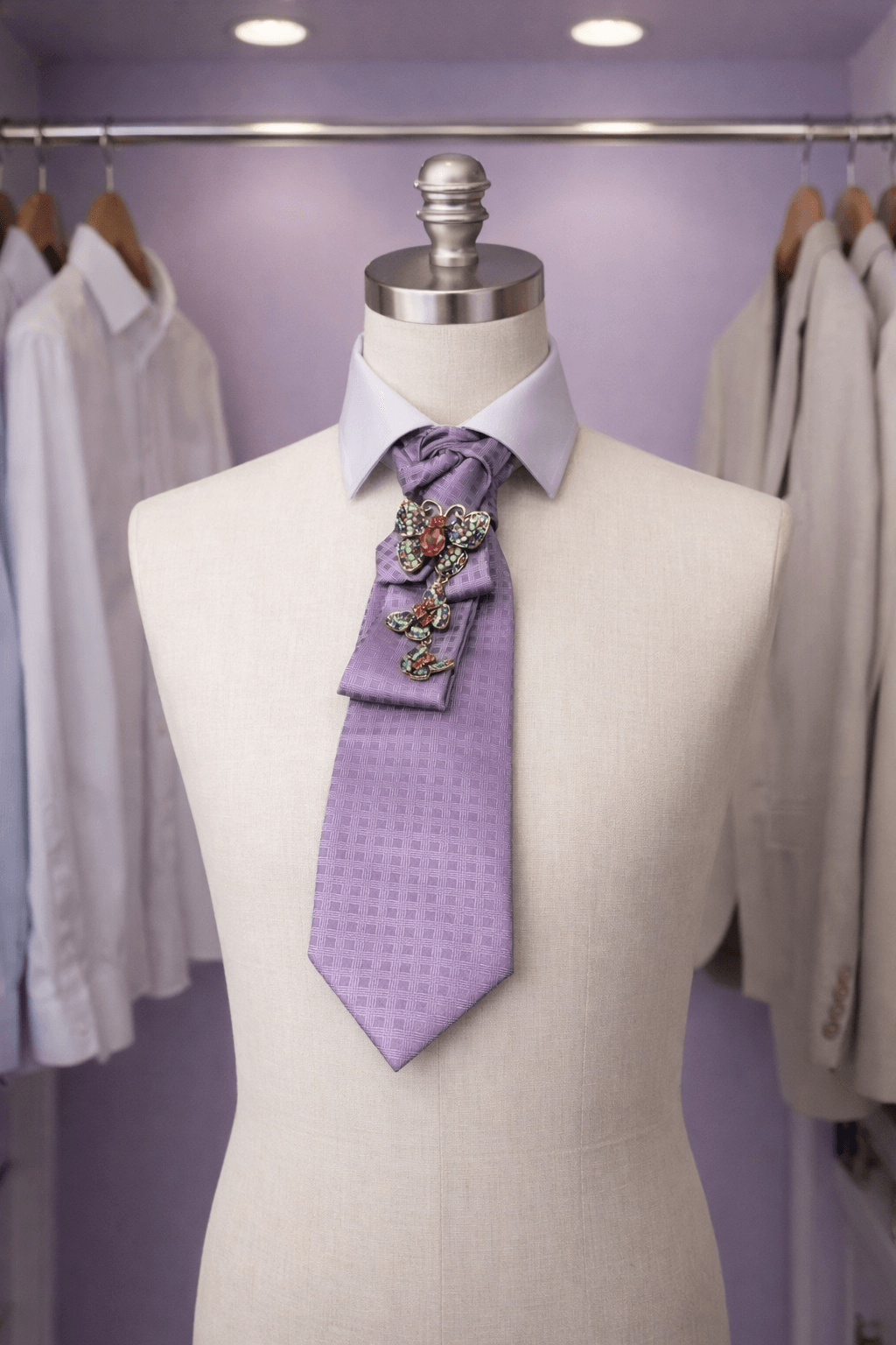 Amethyst Butterfly Luxe Tie displayed on a mannequin, featuring a lavender hue and jeweled butterfly accent.