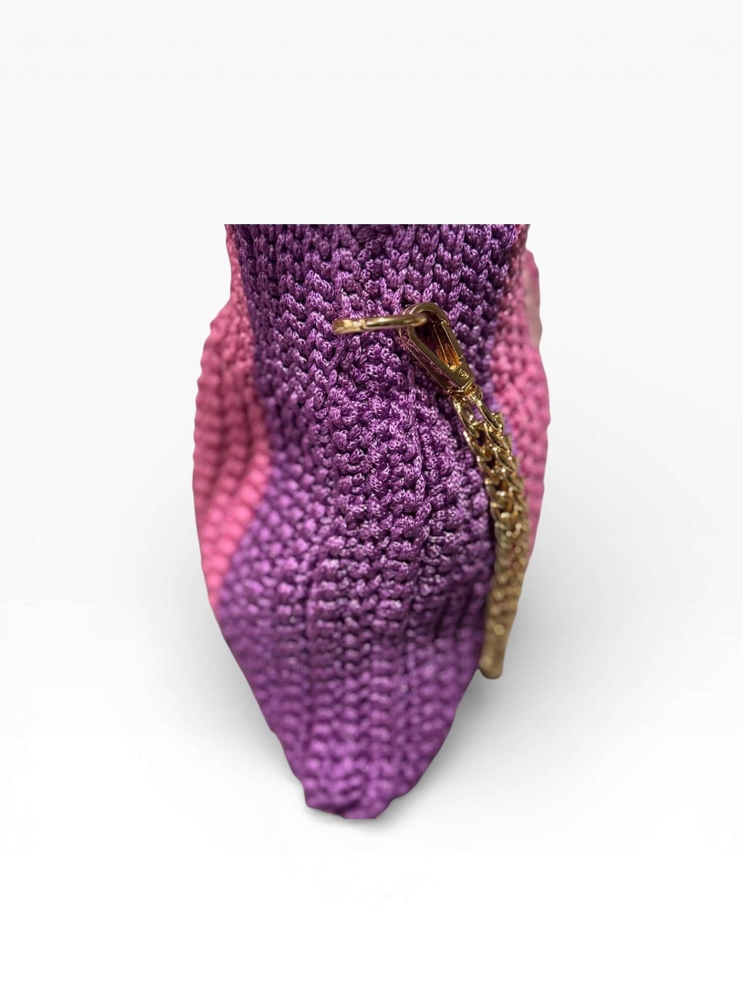 Seraphine Rose-Plum Crochet Bag featuring rich plum and rose hues with a gold chain zipper detail.