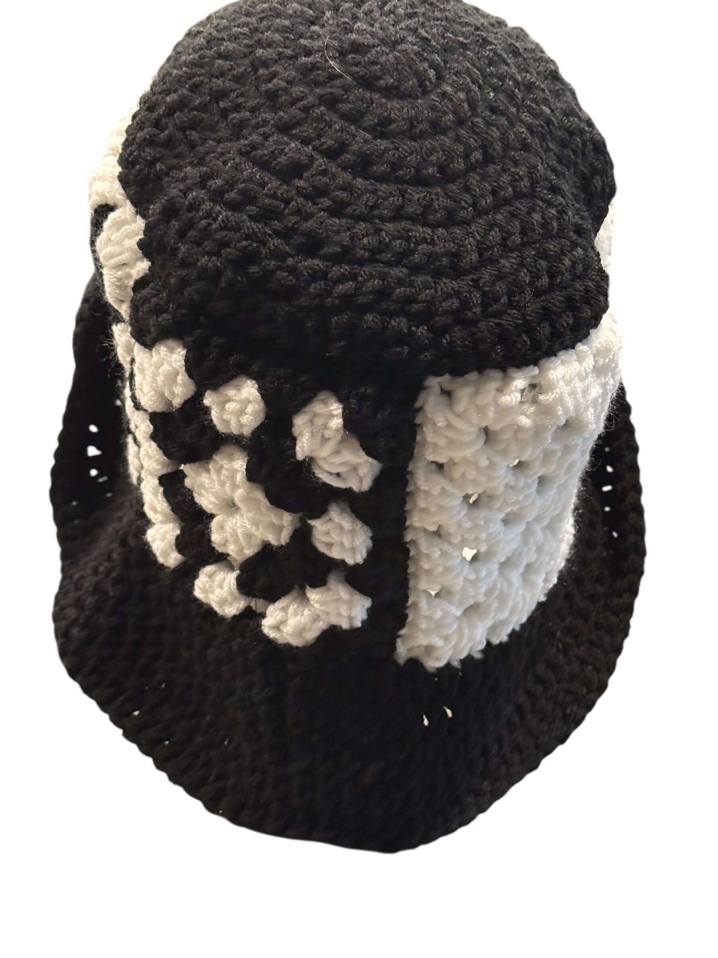 Midnight Mosaic Crochet Hat & Statement Earring Set featuring a handcrafted black and white crochet granny hat.