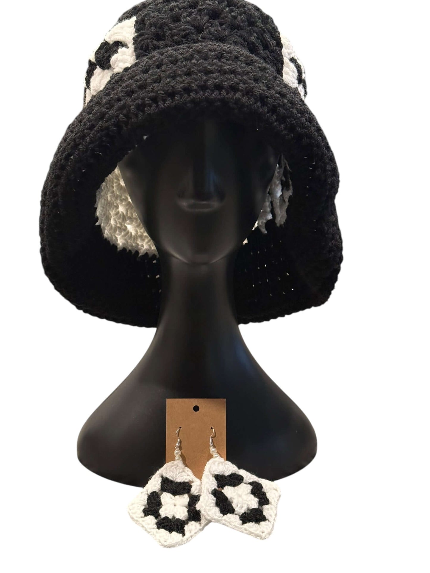 Midnight Mosaic Crochet Hat & Statement Earring Set featuring a stylish knitted hat and coordinating earrings.
