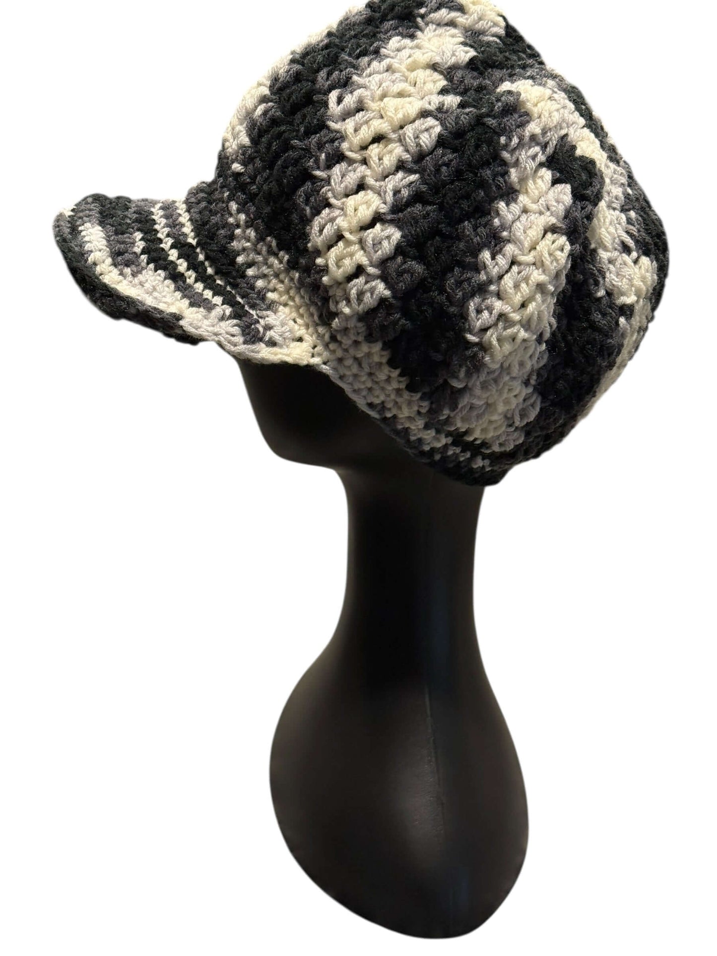 Stone & Smoke Crochet Crown Set- Stone & Smoke - One of One shown on mannequin side view, showcasing its unique handcrafted design.