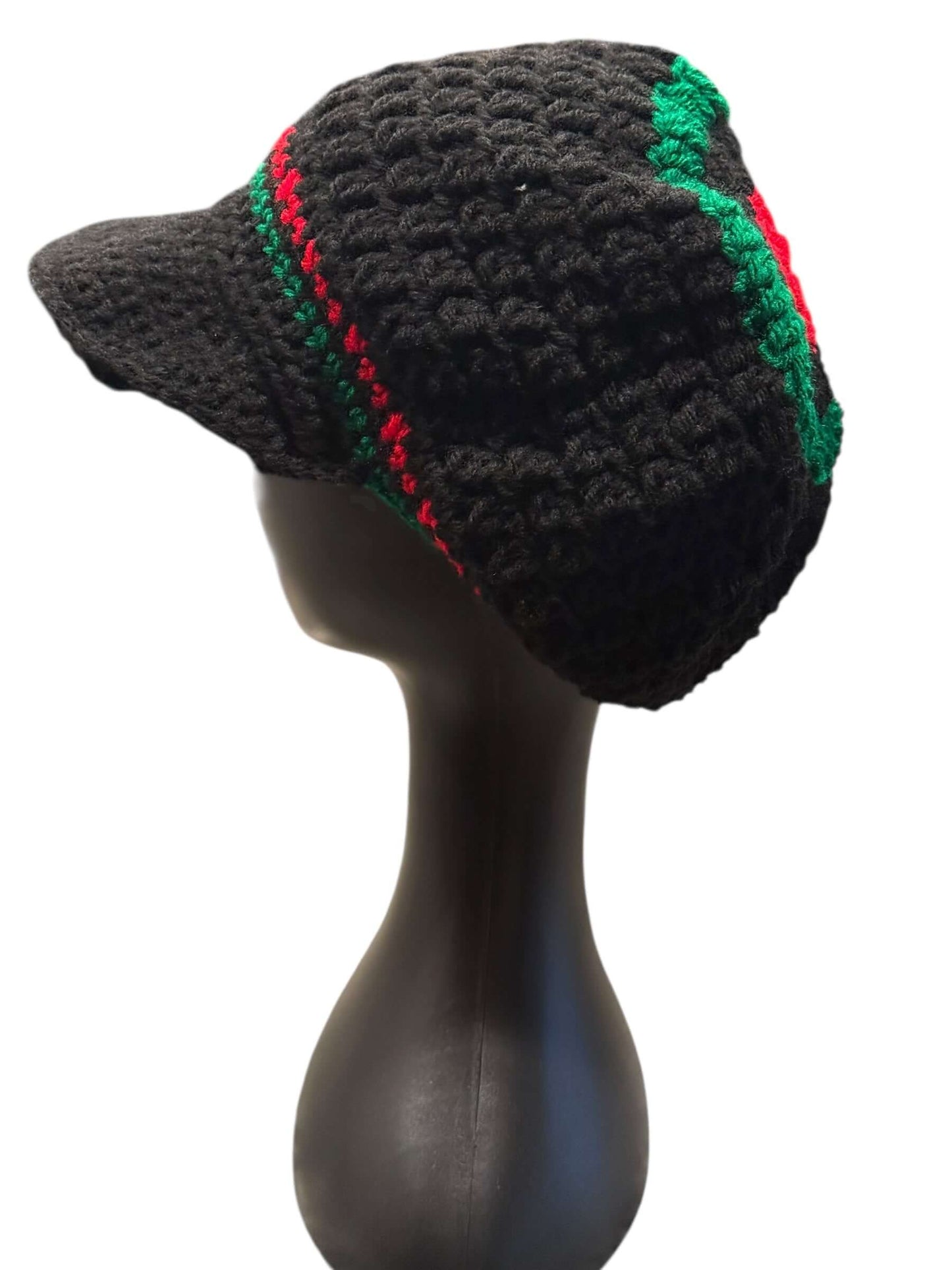 Rooted Rhythm Crochet Crown Set-Signature Texture Crown Set side view of handcrafted black crochet cap with red and green accents.