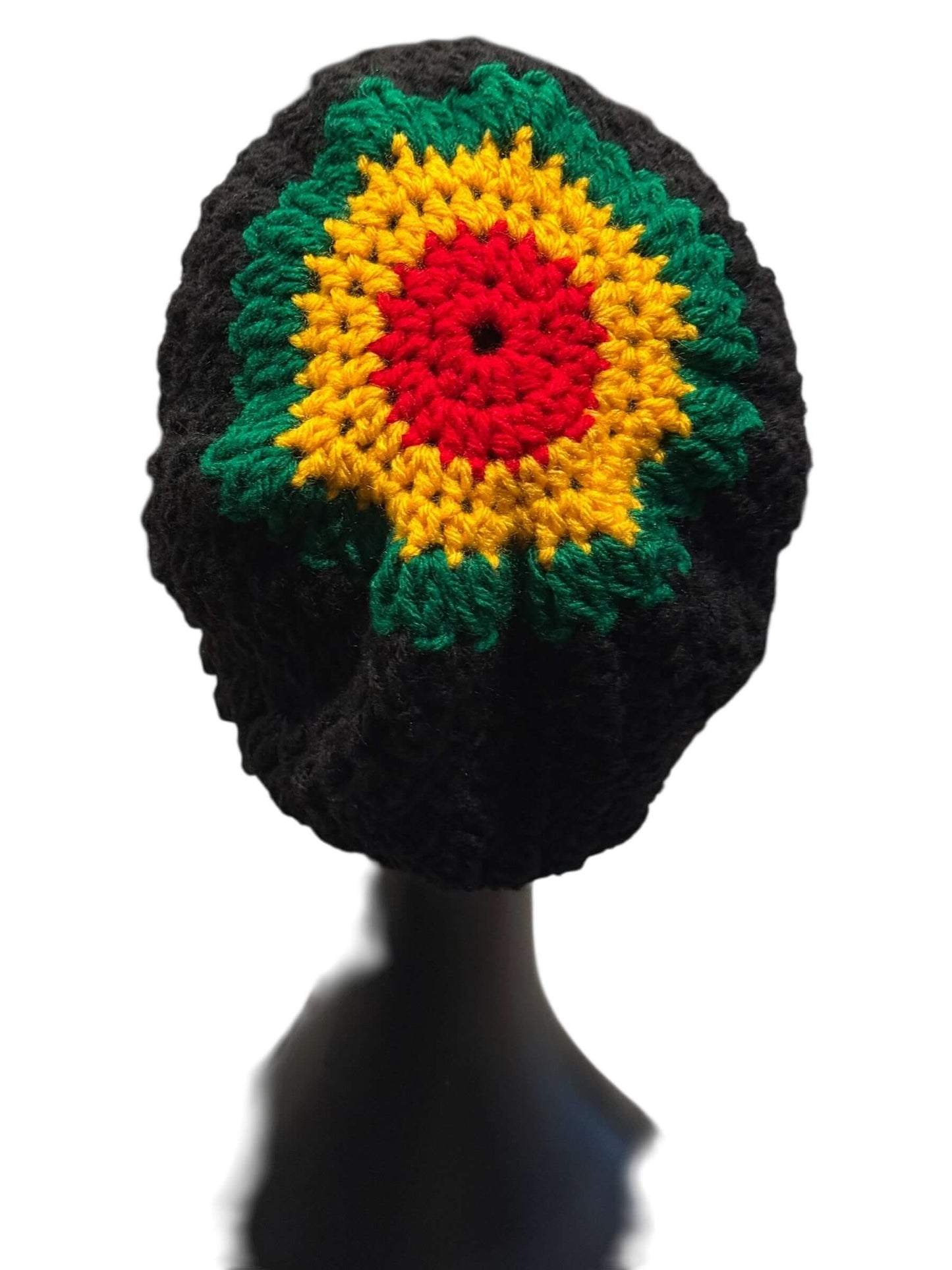 Handmade Red Gold & Green One of One- Heritage Stripe crocheted beanie with vibrant sunburst design.