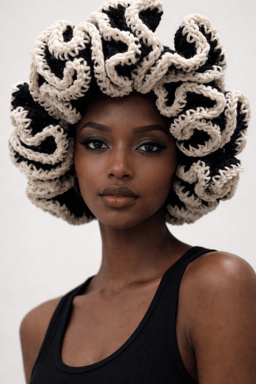 Monochrome Ruffle Crown-Signature Texture Crown worn by model, showcasing its elegant ruffle detailing and sophisticated design.