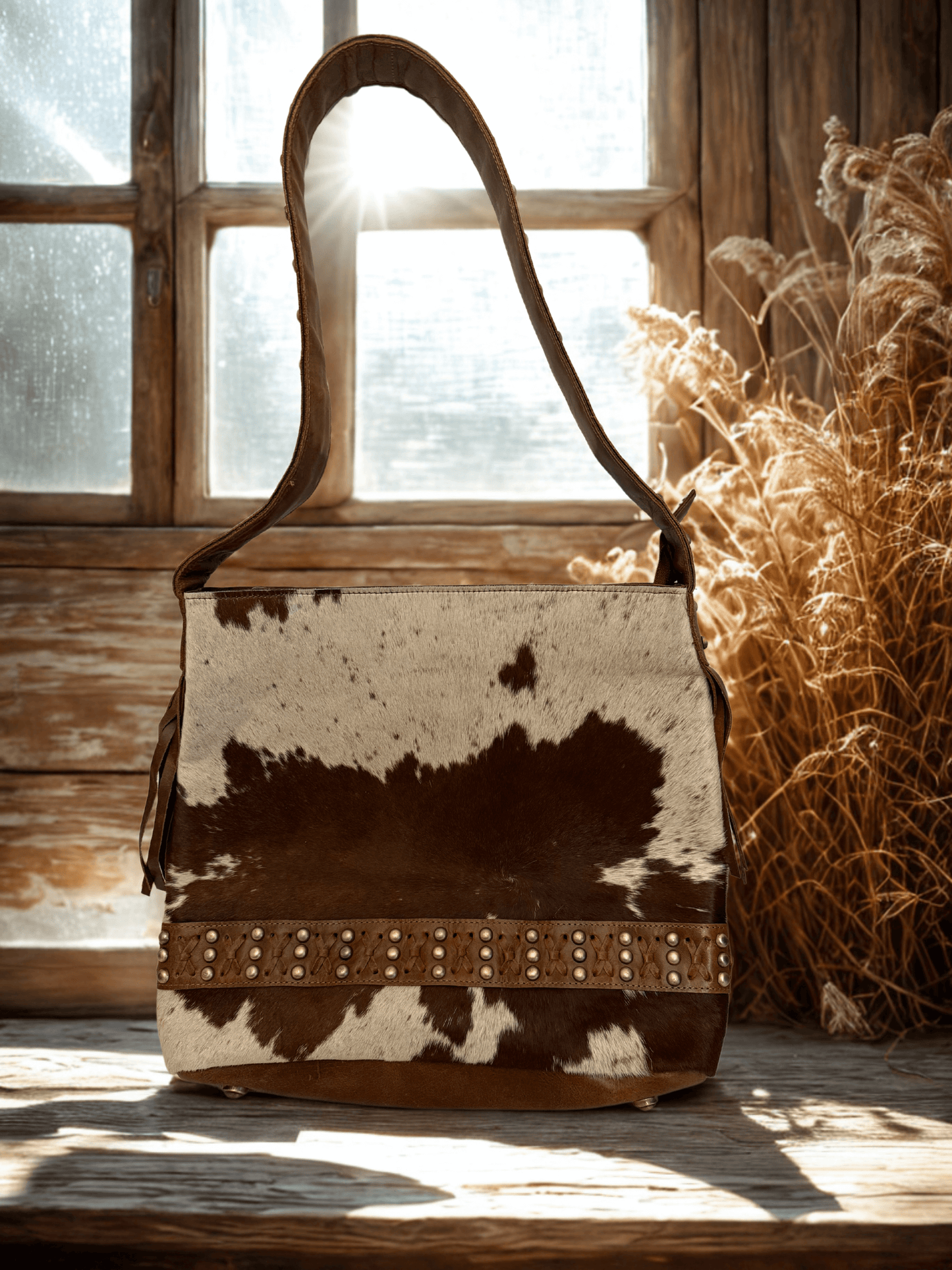 Cowhair Studded Hobo Bag- Brown displayed in rustic setting with natural lighting highlighting its unique design.