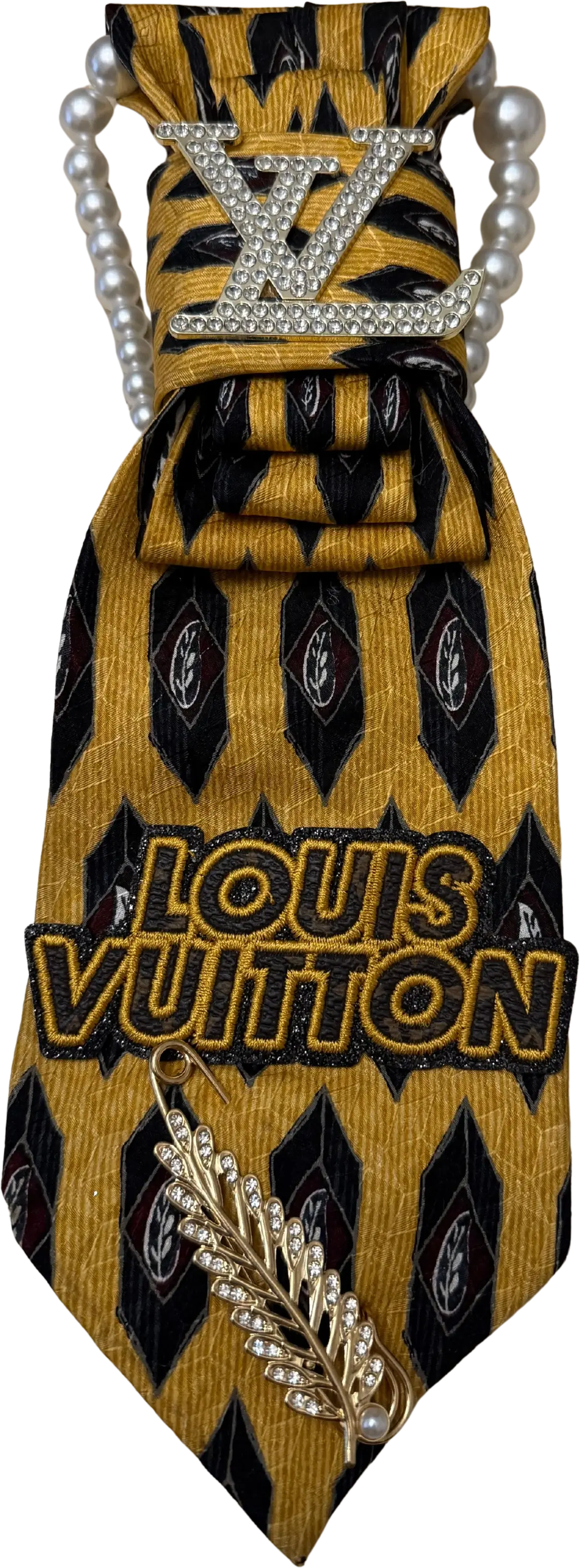 Legacy Luxe Royal Crest Gold Tie – Exclusive Handmade Statement Tie with pearl accents and couture embellishments.
