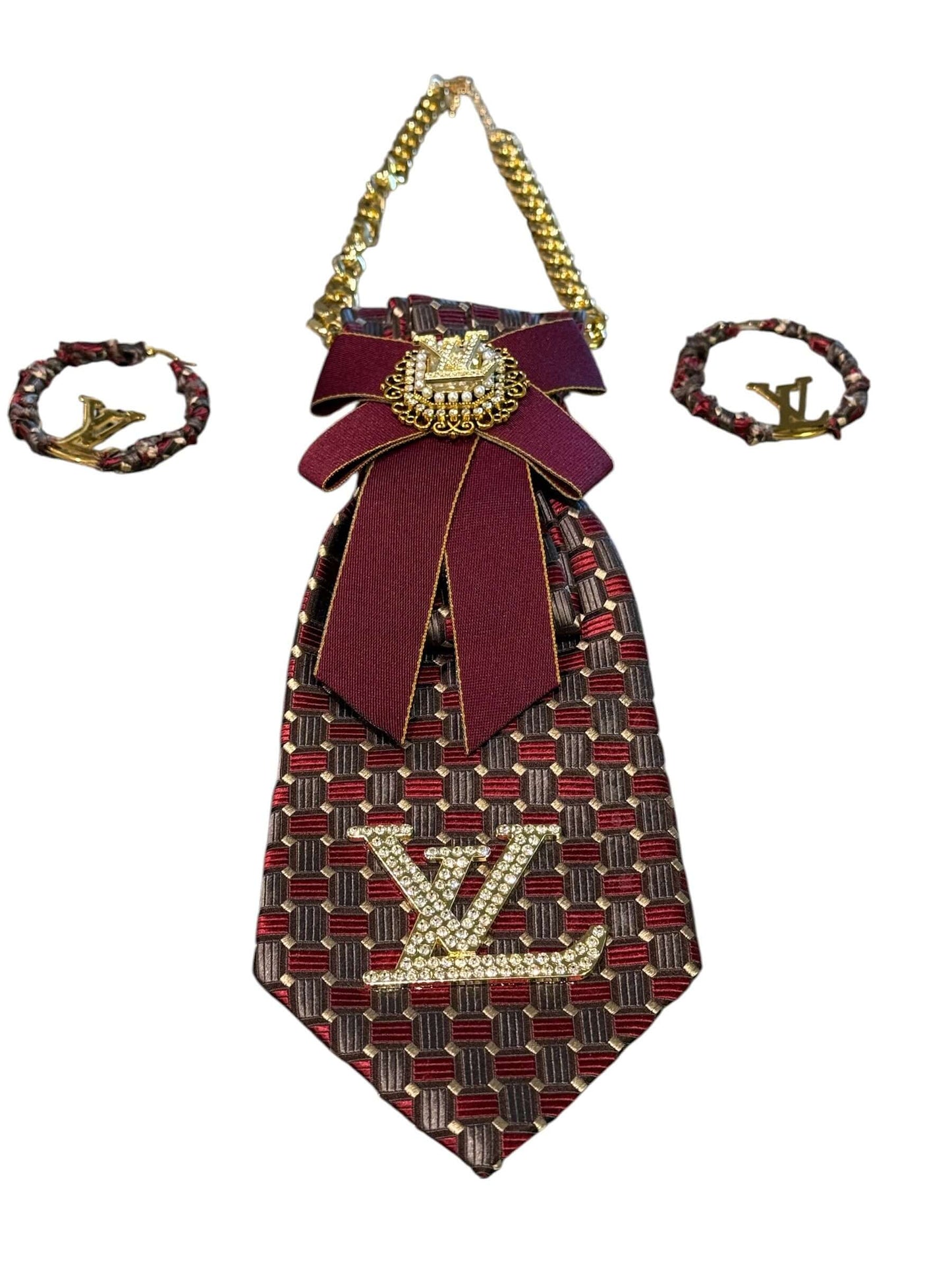 Bordeaux Regal Luxe Tie & Earring Set featuring a woven tie, gold emblem, and matching earrings in rich burgundy tones.