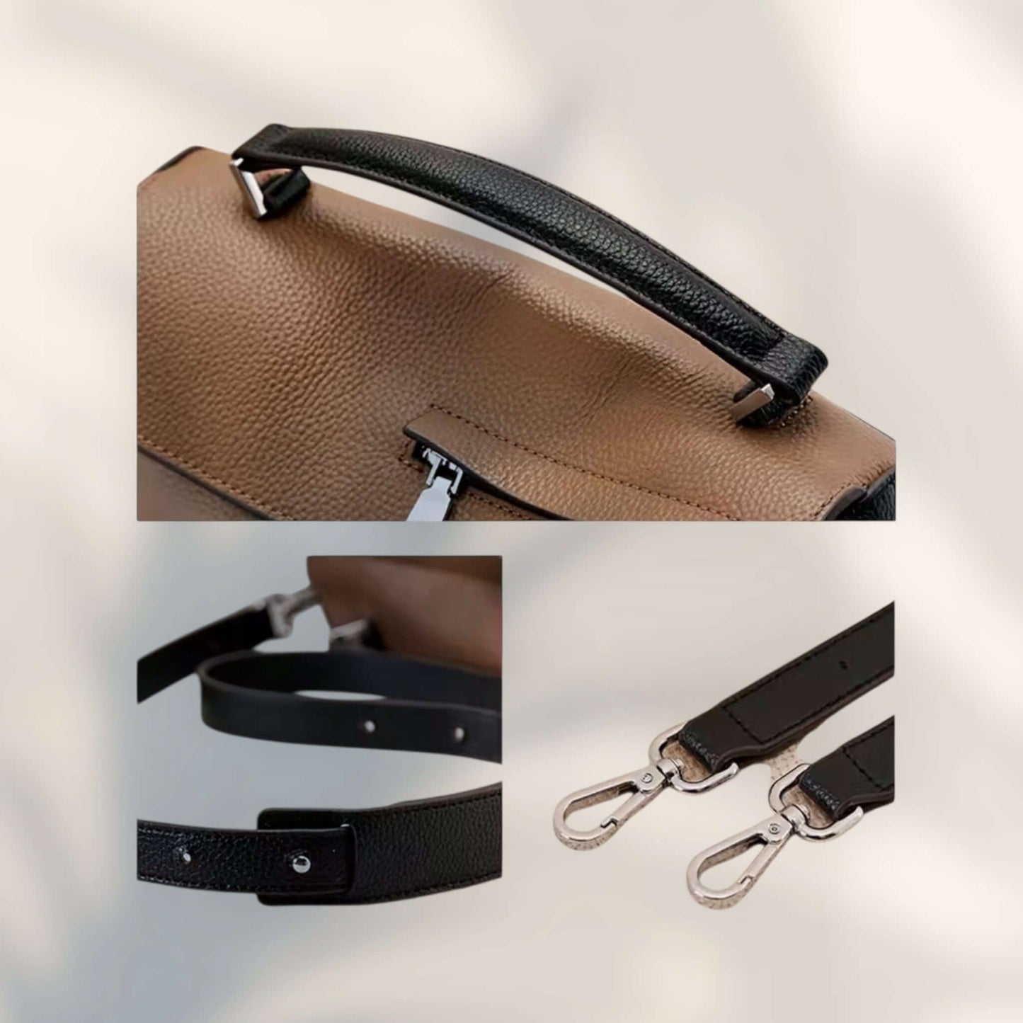 Sienna Grace Satchel | Legacy Dealz Handcrafted Leather Bag showing top handle and adjustable strap details.