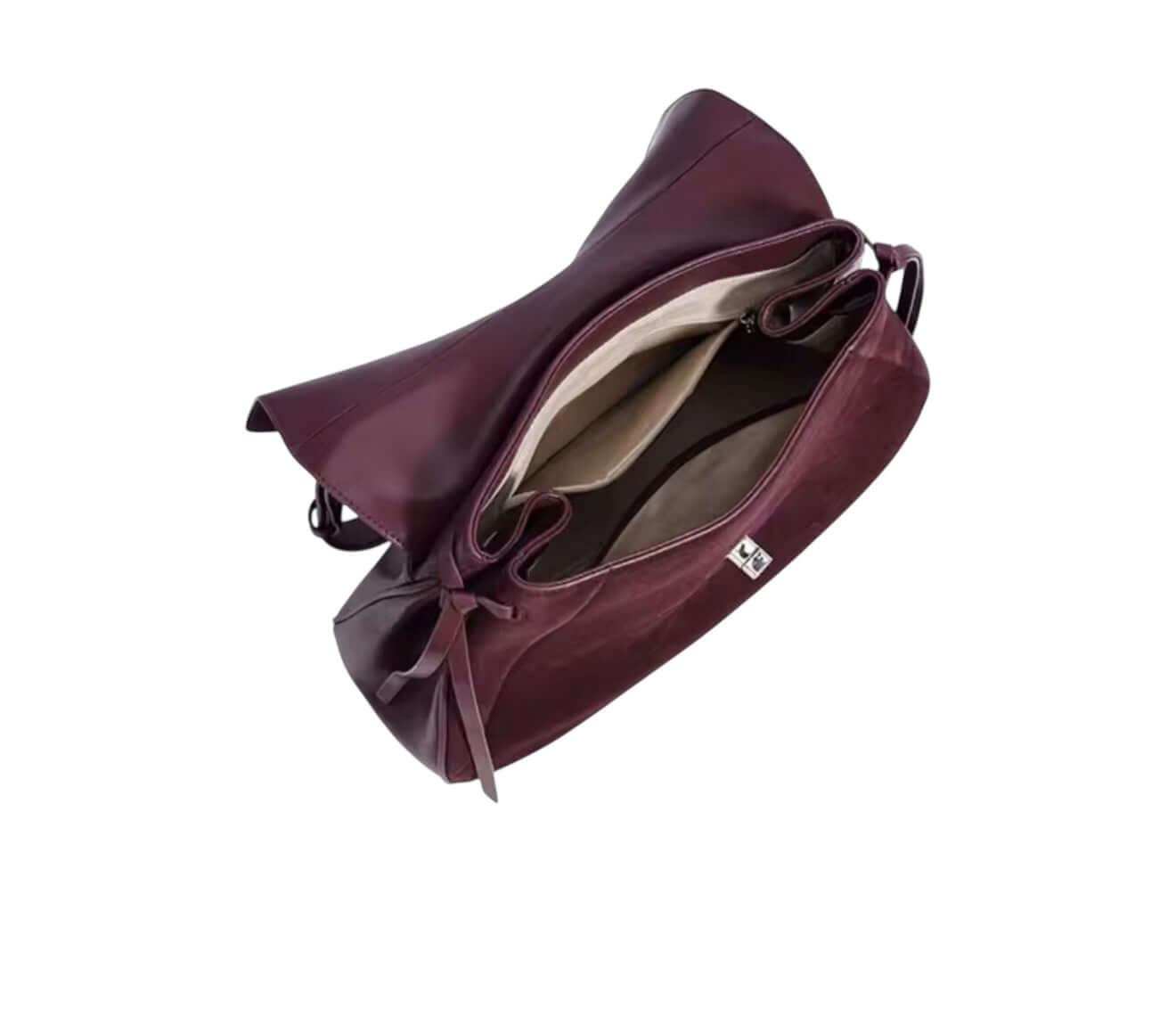 Merlot Suede Elegance Bag open showing spacious interior and luxurious suede design.
