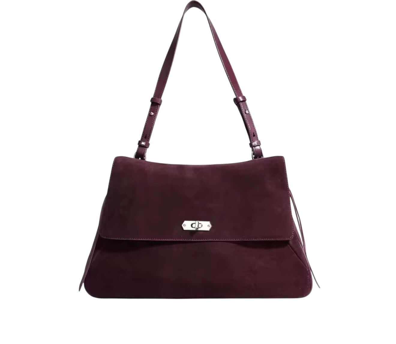 Merlot Suede Elegance Bag, premium suede bag in deep wine hue with polished silver twist-lock and chic design.
