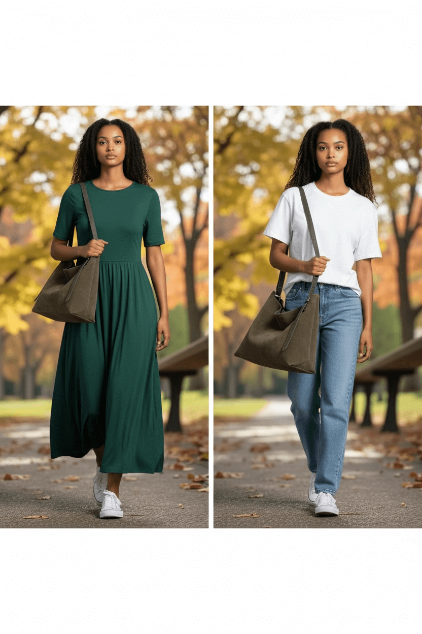 Autumn Luxe Crossbody – Suede & Leather Fall Handbag | Legacy Dealz styled with fashion outfits in scenic fall setting.
