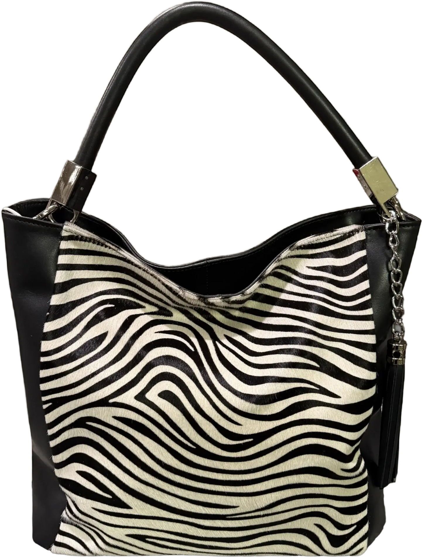 Italian Leather Savanna Striped Tote – Black & White Cowhair Handbag featuring zebra print design.