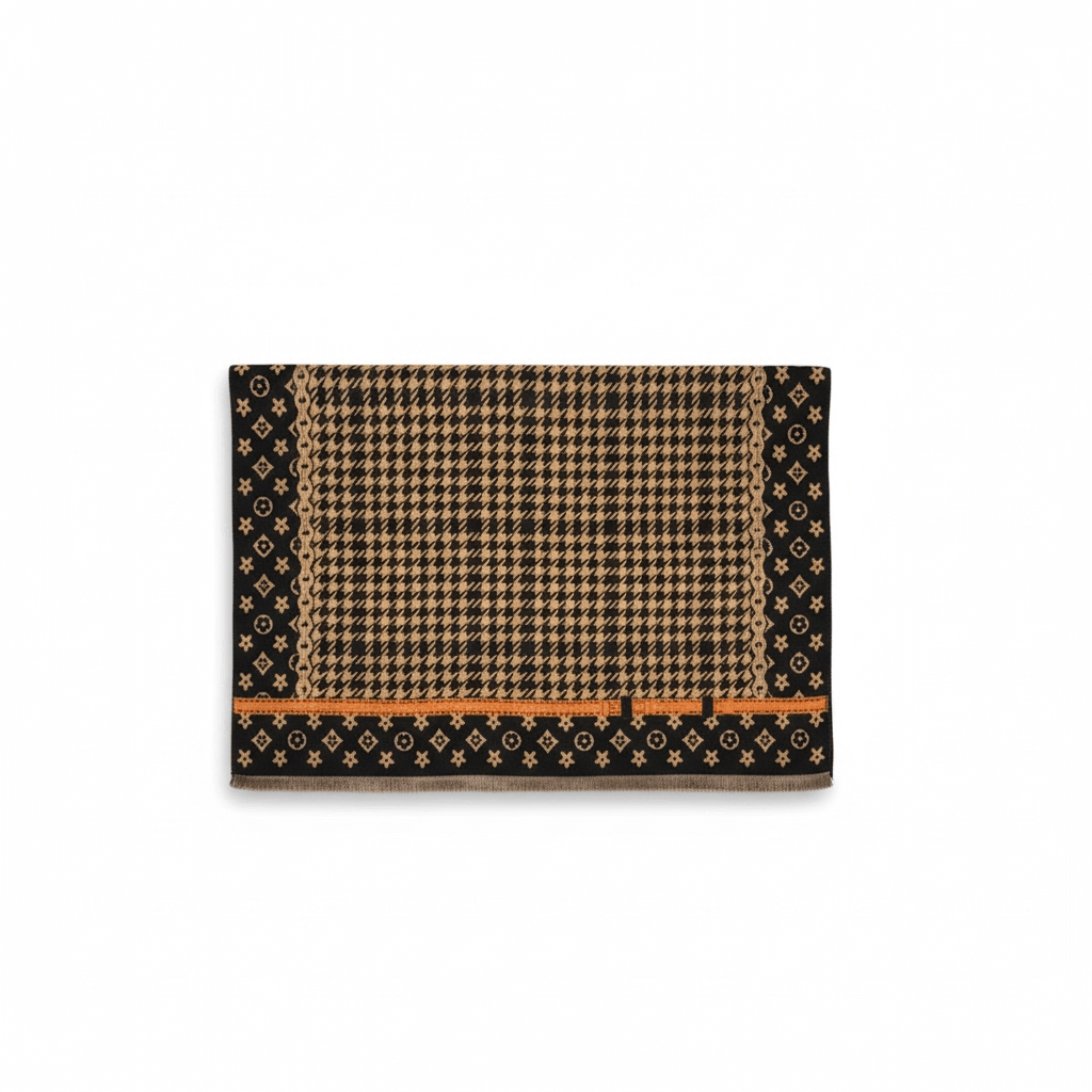 Legacy Luxe Autumn Houndstooth Heritage Wrap featuring a classic houndstooth pattern with geometric accents.
