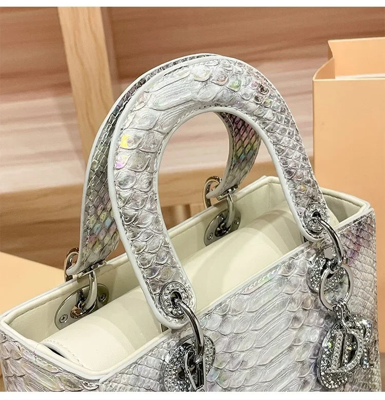 2024 New Luxury Snake Pattern Handbag Women's Fashionable Chain Shoulder Crossbody Bag True Leather Handbags