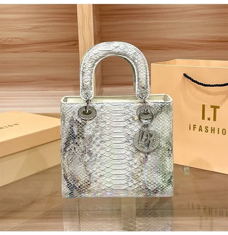2024 New Luxury Snake Pattern Handbag Women's Fashionable Chain Shoulder Crossbody Bag True Leather Handbags