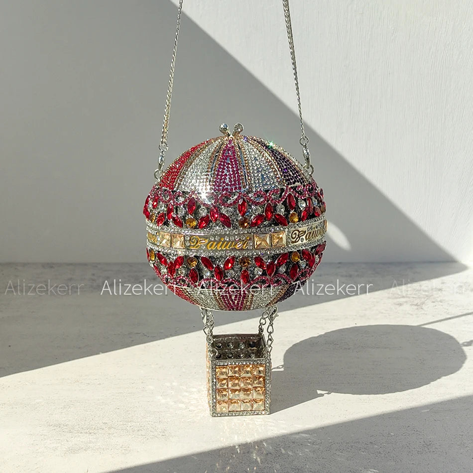 Alizekerr Hot Air Balloon Shaped Crystal Evening Bags Women Luxury Classy Unique Rhinestone Circular Clutch Purses Wedding Party
