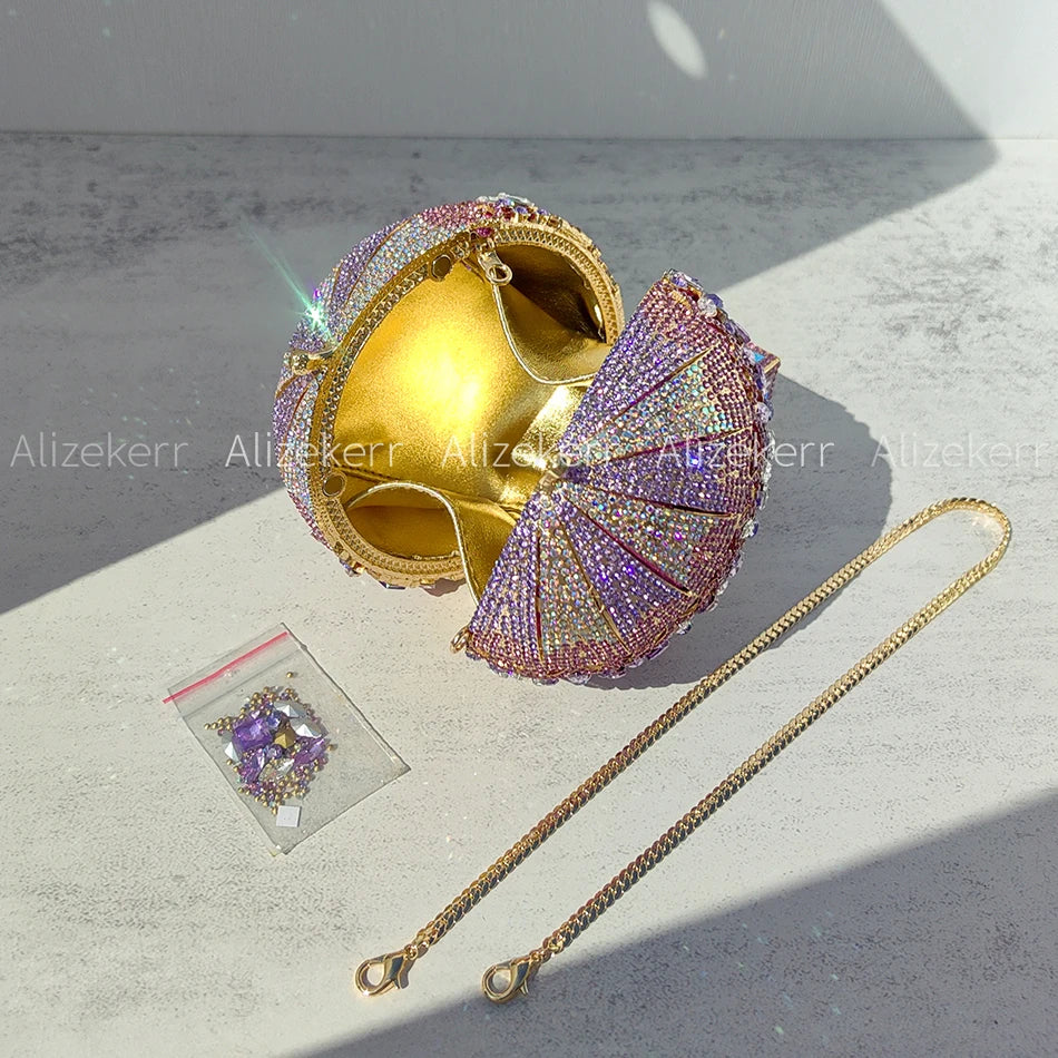 Alizekerr Hot Air Balloon Shaped Crystal Evening Bags Women Luxury Classy Unique Rhinestone Circular Clutch Purses Wedding Party