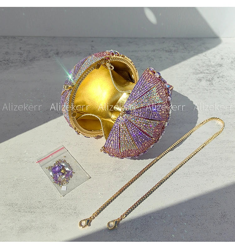 Alizekerr Hot Air Balloon Shaped Crystal Evening Bags Women Luxury Classy Unique Rhinestone Circular Clutch Purses Wedding Party
