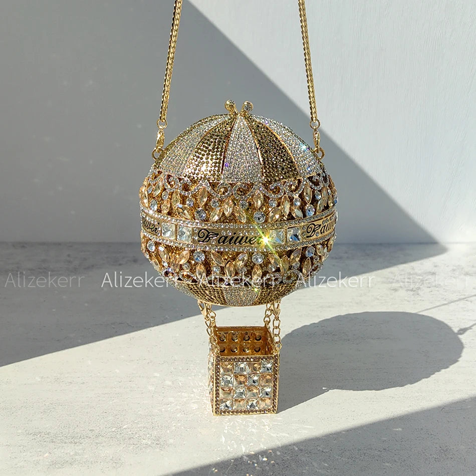 Alizekerr Hot Air Balloon Shaped Crystal Evening Bags Women Luxury Classy Unique Rhinestone Circular Clutch Purses Wedding Party