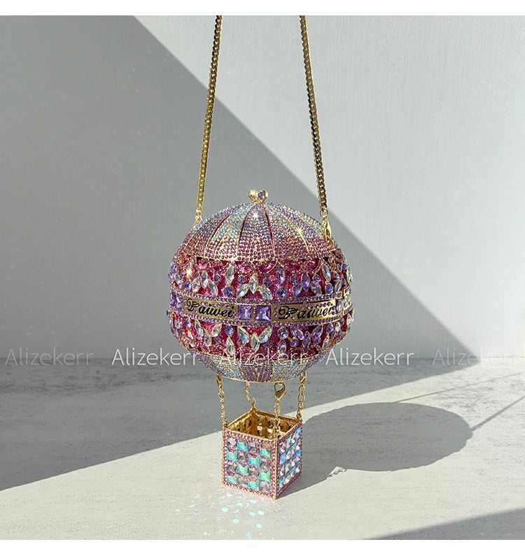 Alizekerr Hot Air Balloon Shaped Crystal Evening Bags Women Luxury Classy Unique Rhinestone Circular Clutch Purses Wedding Party