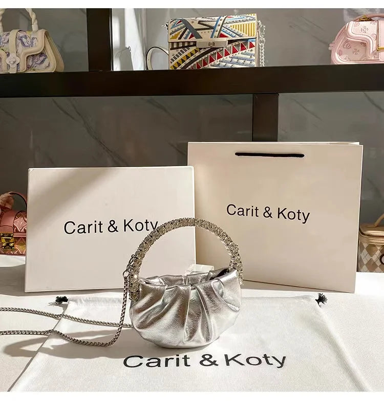 Luxury Circular Metal Handle Mini Bag Women Handbag Glitter Shiny Rhinestone Evening Bag Wedding Party Clutch Purse Shoulder Bag