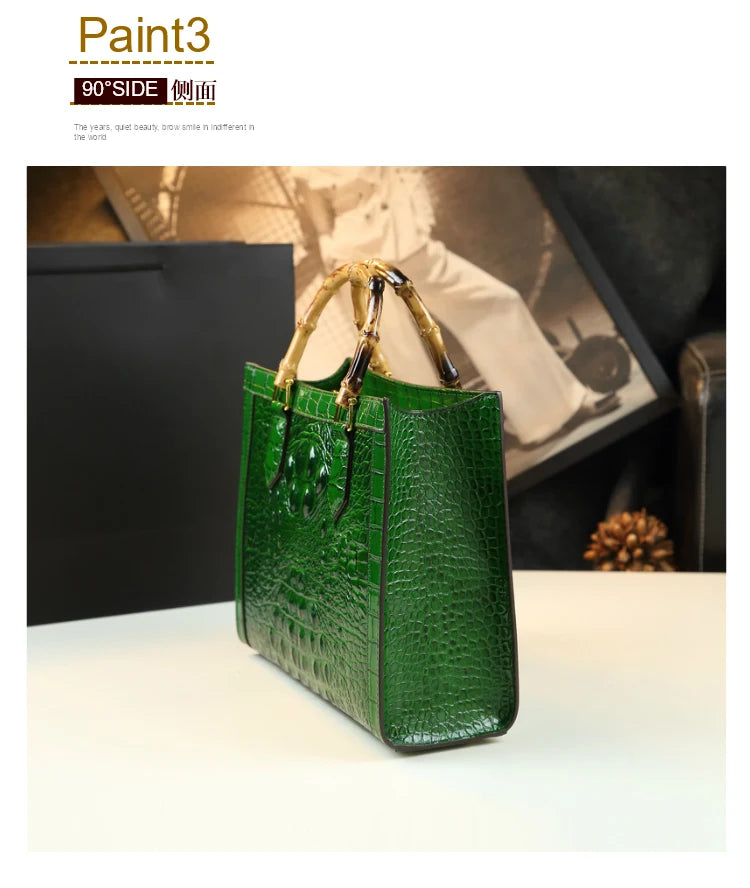 Brand Genuine Leather Real Bamboo Women's Bag Crocodile Pattern Handbag Portable Tote Bag Mom Tide Shoulder Messenger Bags