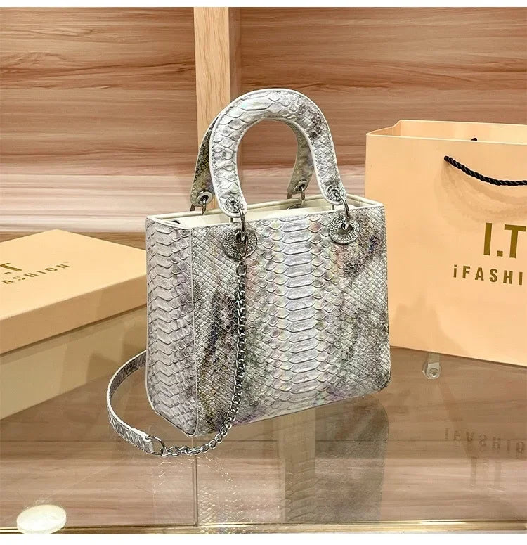 2024 New Luxury Snake Pattern Handbag Women's Fashionable Chain Shoulder Crossbody Bag True Leather Handbags