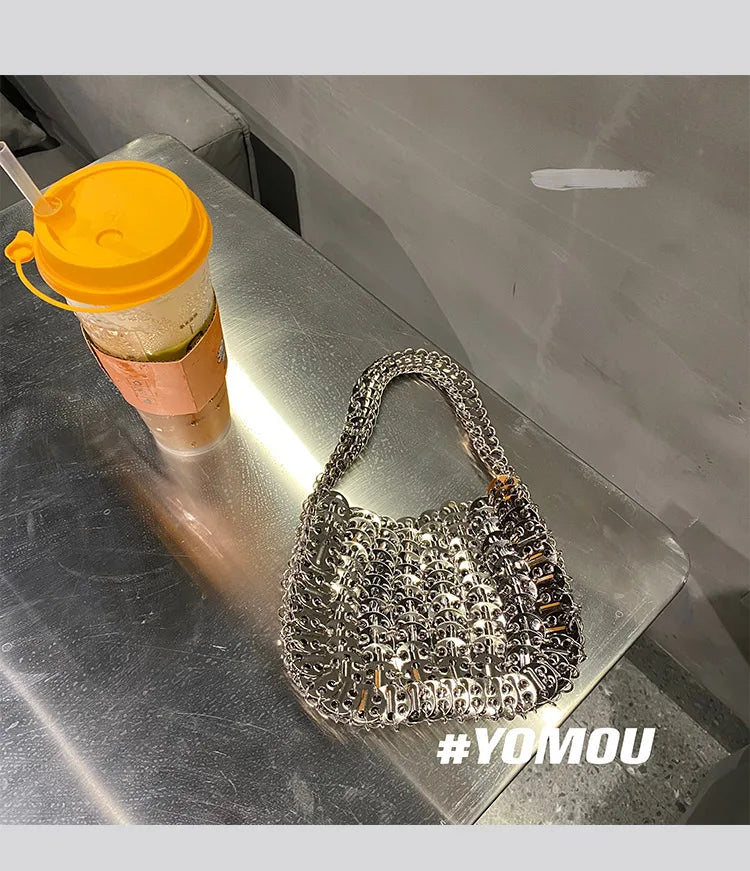 Women Bags Silver Metal Evening Bags Sequins Chain Woven Bag Hollow Clutch Purse Female Travel Holiday Shoulder Bag Handbag