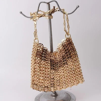 Women Bags Silver Metal Evening Bags Sequins Chain Woven Bag Hollow Clutch Purse Female Travel Holiday Shoulder Bag Handbag